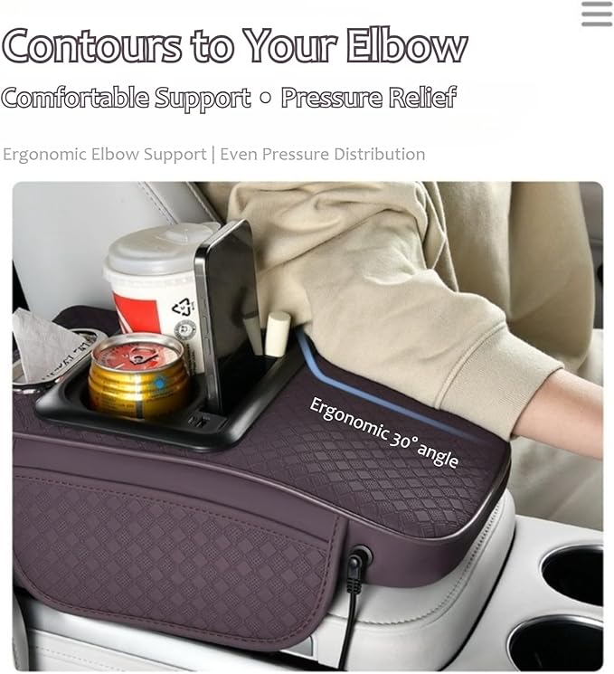 2026 Upgraded Car Center Console Cushion with 30w USB& Type-C Charging Ports, Leather Car Armrest Pad Cover, Interior Accessories for Most Vehicles (Ergonomic Sloped Version, Beige)