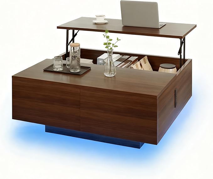 Square Lift Top Coffee Table, 31.5" Wooden Coffee Table with 2 Drawers & Hidden Storage, LED Lights & Charging Station, Mid Century Modern Center Table for Living Room Home Office (Walnut)