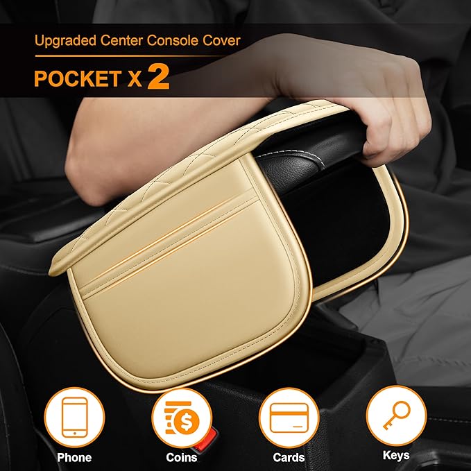Car Center Console Cover Fit for Mazda Mazda 3 - Upgraded Faux Leather Armrest Cushion with 2 Storage Pockets - Waterproof Armrest Protector for Car (Beige & Whiteline)
