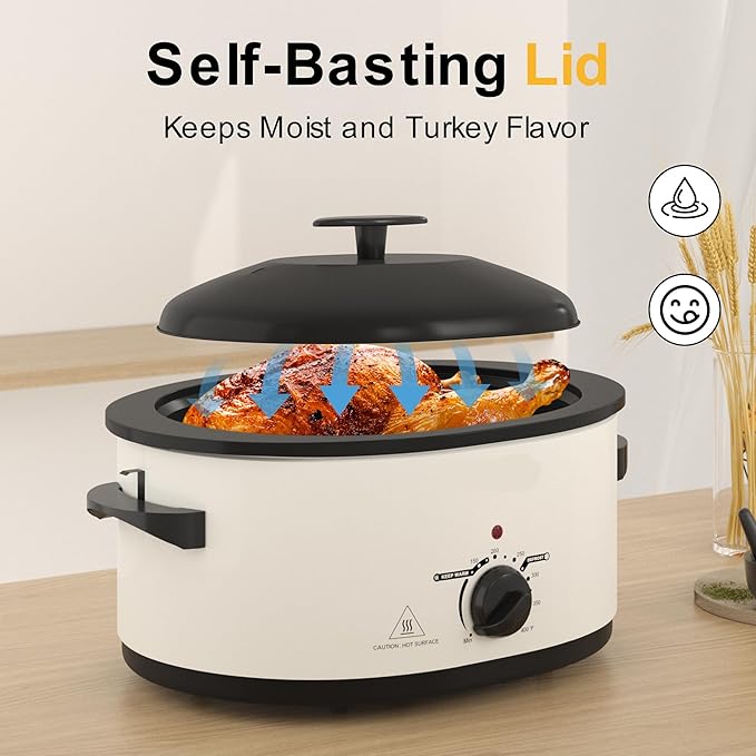 8 QT Electric Roaster Oven with Self-Basting Lid, Turkey Roaster Oven with Defrost Warm Function, Removable Pan and Rack, Stainless Steel White
