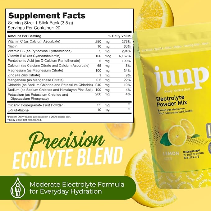 JUNP Sugar Free Electrolytes Powder Packets for Water Instant Hydration Packets with Salt & Potassium, Zero Calorie, No Carbs, No Sugar Electrolyte Drink Mix Sticks, Keto Friendly, Lemonade 5 Pack