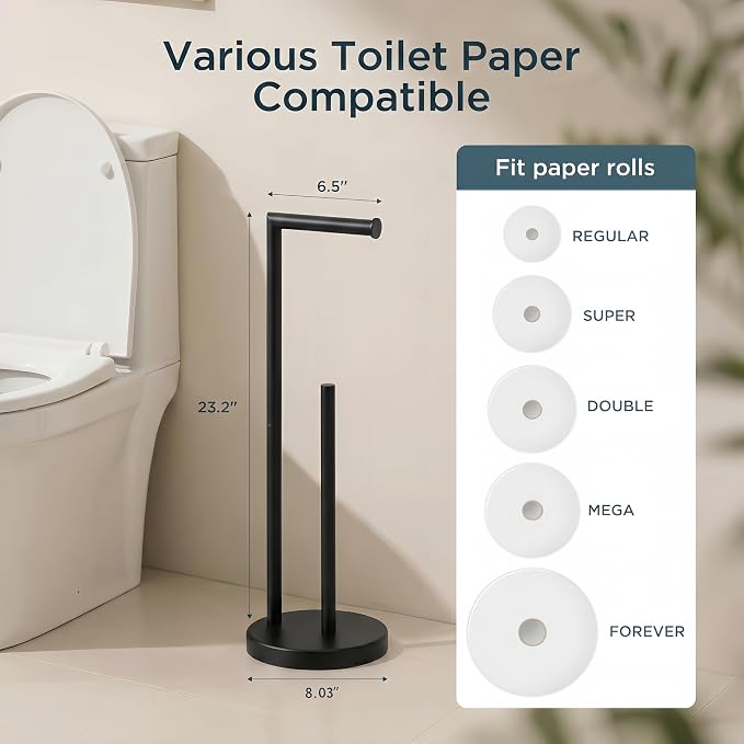 FORIOUS Toilet Paper Holder Stand, Modern Freestanding Tissue Roll Holder for Bathroom, Durable SUS 304 Stainless Steel and Weighted Base Toilet Paper Stand, Storage for 4 Rolls, Matte Black