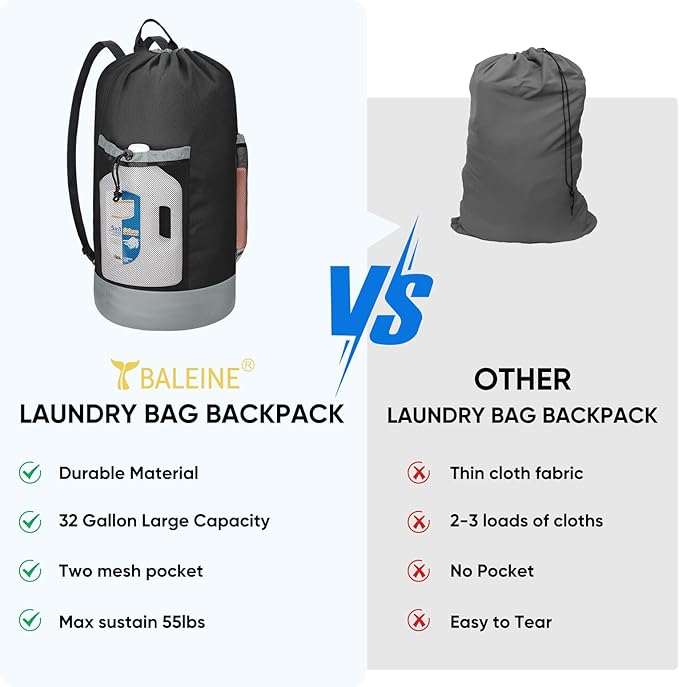 BALEINE 2PK 120L Laundry Bag Backpack, 900D Oxford Fabric Large Travel Laundry Bags with Shoulder Straps and 2 Mesh Pockets for College Dorm, Apartment, Laundromat (Black, 120L)