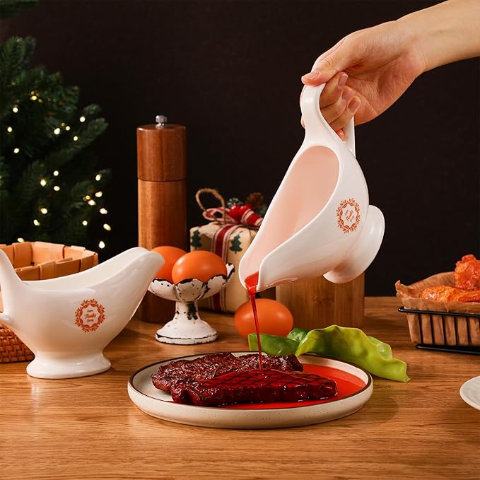 Bokon 2 Pack Thanksgiving White Gravy Boat 8 oz Sauce Boat White Ceramic Sauce Jug with Smooth Handle Creamer Pitcher for Salad Dressing Milk Broth Microwave Dishwasher Safe for Festive Gatherings