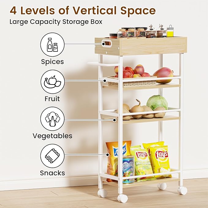 Slim Storage Cart, 4-Tier Small Rolling Cart with Wheels, 8.5" Deep, Narrow Bathroom Shelf Trolley for Kitchen, Bathroom, Laundry Room, White Medium 4-Tier (8.5" W x34.7 H)