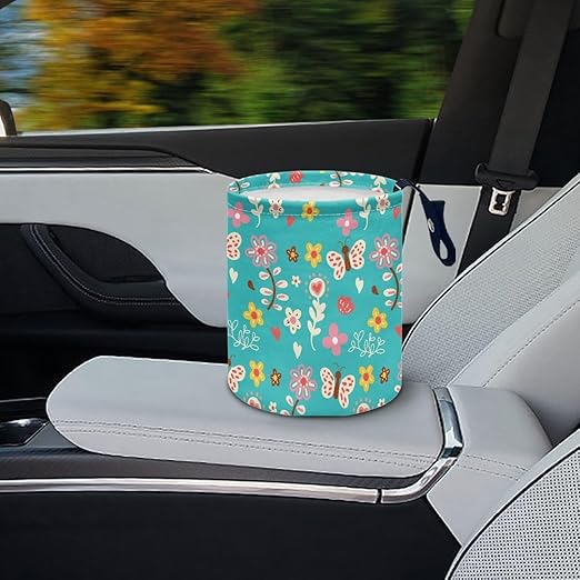 Cartoon Daisy Butterfly Car Rubbish Bag Can Reusable Hanging Auto Garbage Organization Can Bin with Adjustable Strap for Camping，Travel Accessories