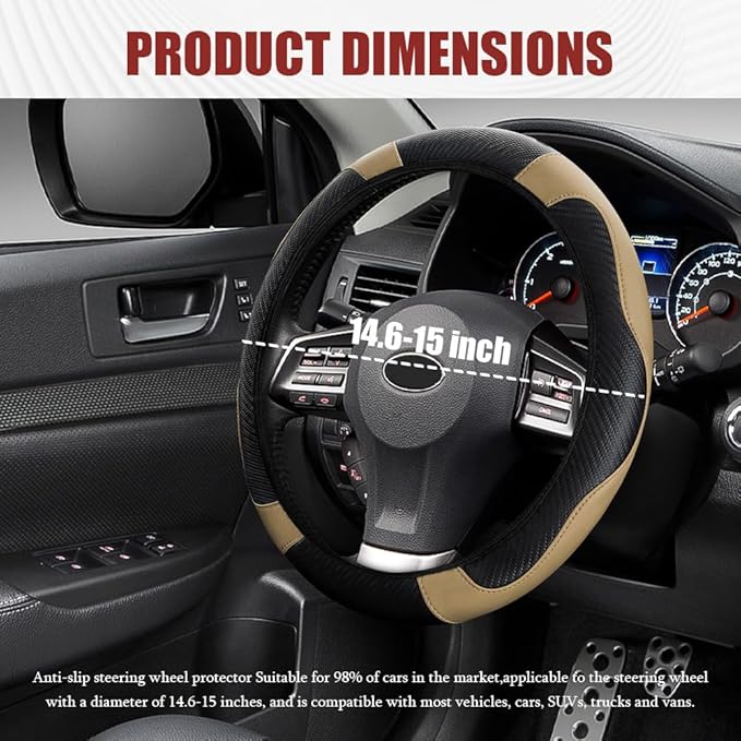 Car Steering Wheel Cover, Steering Wheel Protector, Universal 14.5-15 Inch Microfiber Leather Breathable Auto Steering Wheel Covers, Carbon Fiber Steering Wheel Cover for Women Men (Beige)