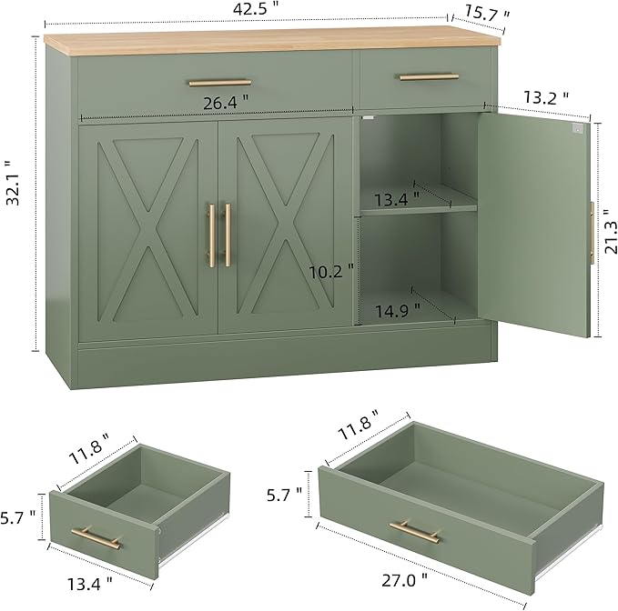 Shintenchi Modern Farmhouse Sideboard Buffet Cabinet with Storage with 3 Doors,42" Barn Doors Buffet Cabinet with Storage, Wood Coffee Bar Cabinets with Adjustable Shelf for Kitchen Living Room,Green