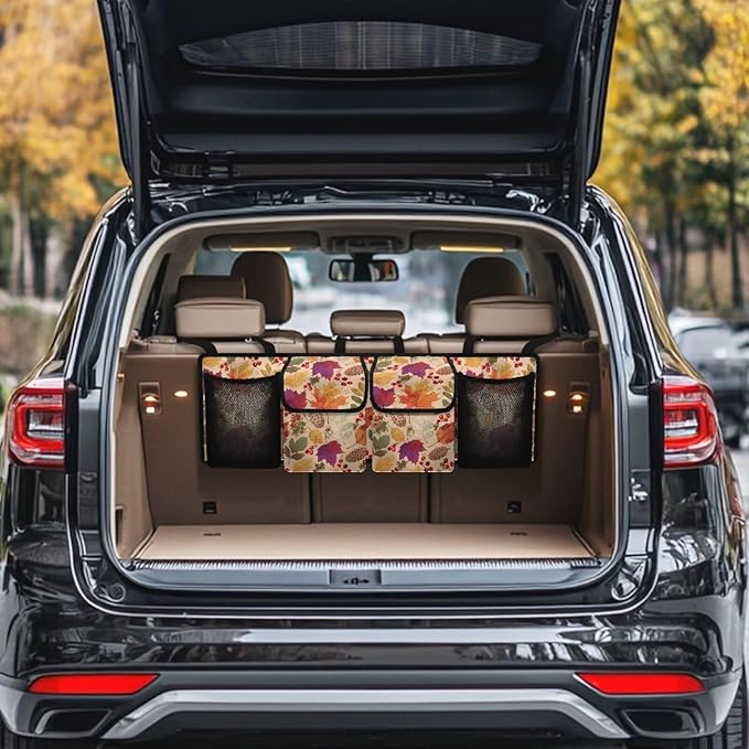 Hanging Car Trunk Organizer, Thanksgiving Maple Leaves Car Back Seat Storage Bag with 4 Pockets Waterproof Auto Interior Accessories for SUV MPV Sedan Truck Jeep