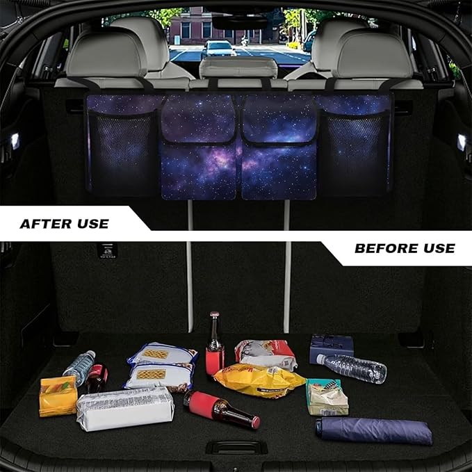 Purple Galaxy Car Trunk Organizers, 37.1" x 11.8" Backseat Hanging Organizer with 4 Storage Bag, Waterproof Car Organizer with Adjustable Strap, Road Trip Large Capacity Bag for Car SUV