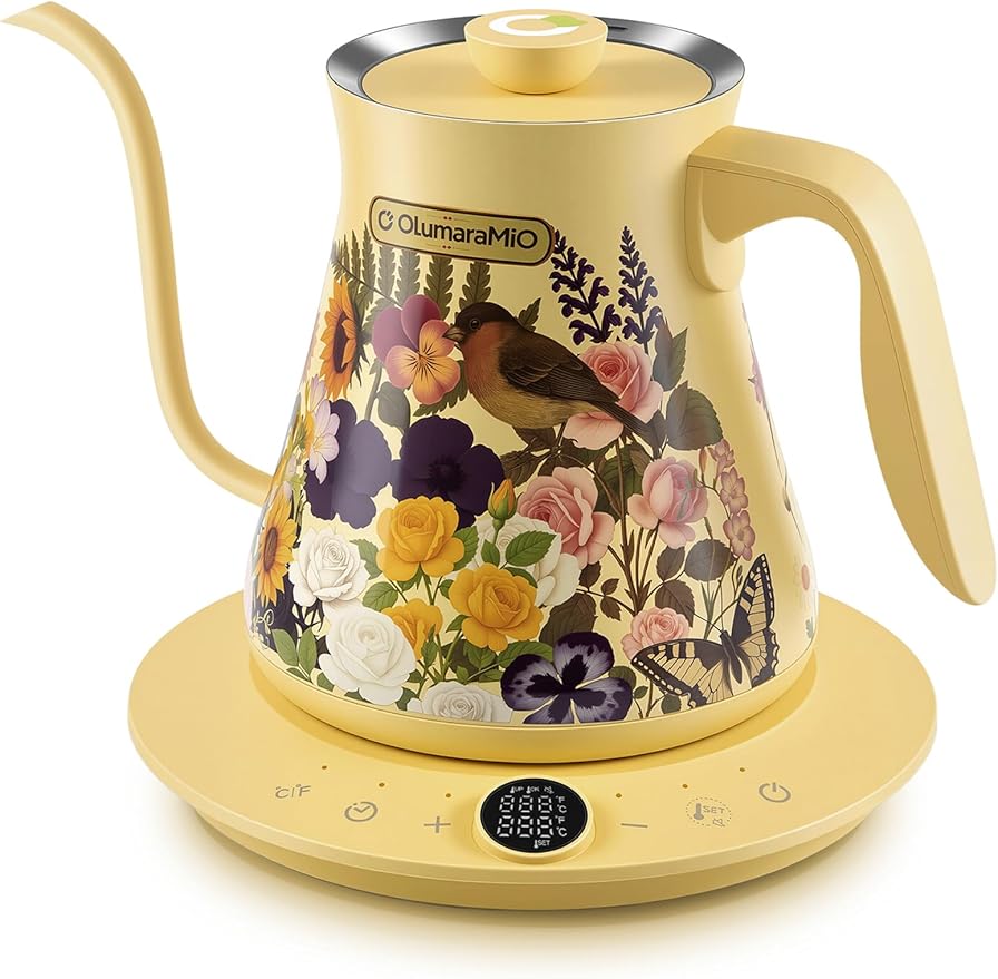 0.8L/27oz Gooseneck Electric Kettle - ±1℉ Precise Temperature Control for Pour Over Coffee & Tea, 1200W Fast Heating, Auto Shut-Off, Built-in Brew Timer, BPA-Free Stainless Steel, Floral