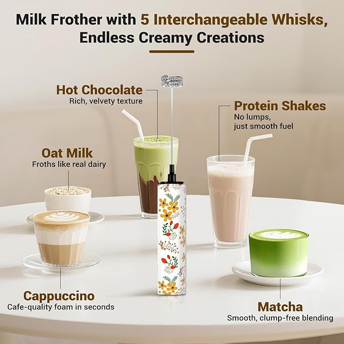 Milk Frother Handheld Rechargeable - 2-Speed Electric Whisk with 5 Detachable Heads (Frother/Mixer/Whisk) for Coffee, Latte, Cappuccino & Matcha, Drink Mixer (Flower 7)