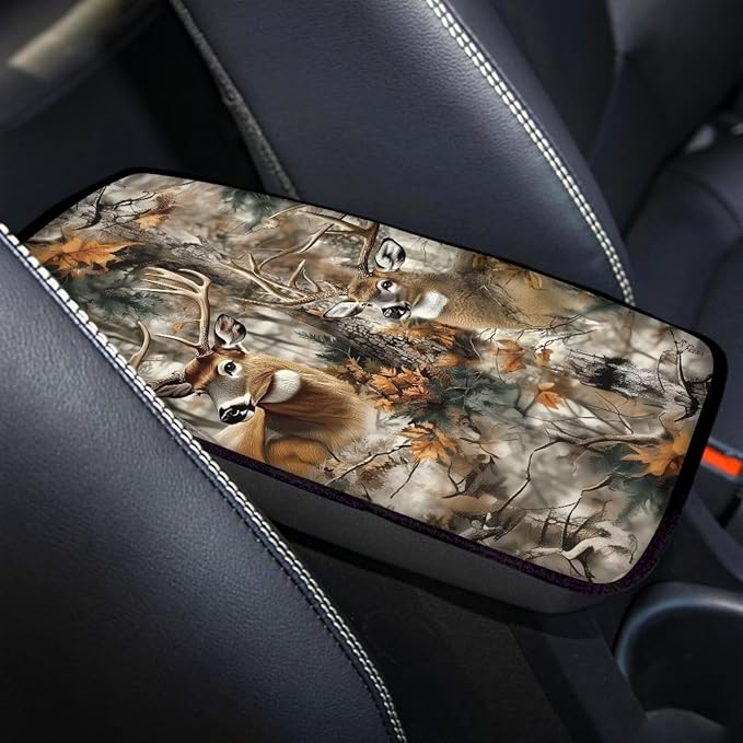 Horeset Deer Hunting Camouflage Auto Armrest Cover Center Console Decor Protector, Universal Fit Non-Slip Car Arm Rest Cushion