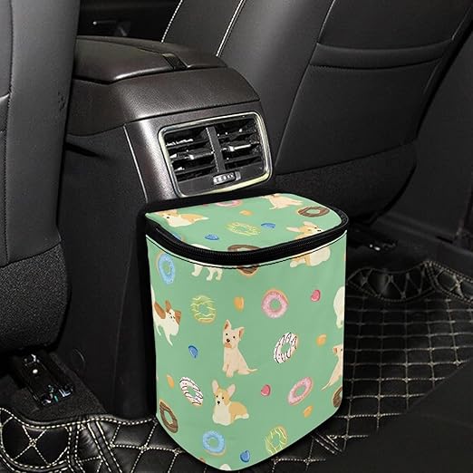 Pastel Green Puppy Donut Car Garbage Container, Adorable Illustrated Trash Bin for Car Interior