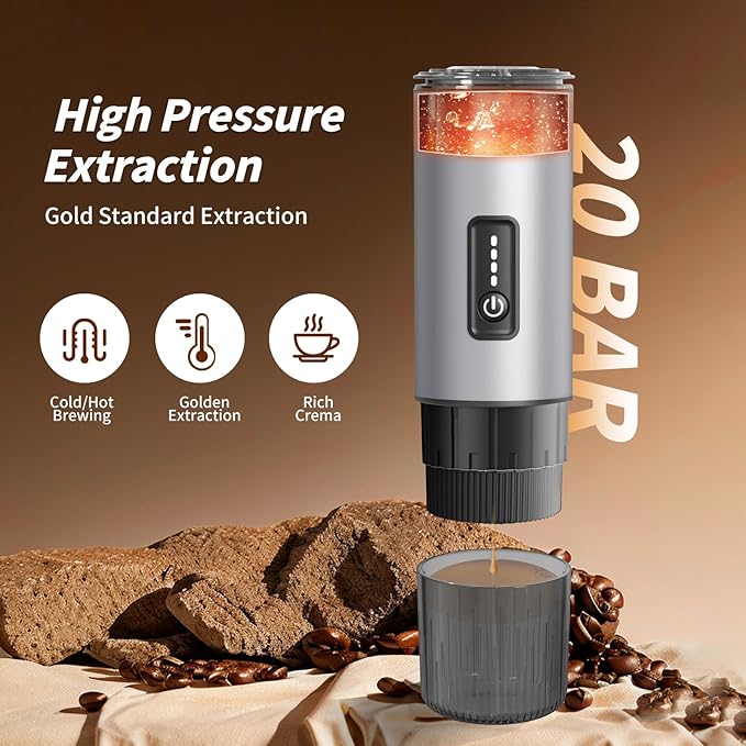 Portable Espresso Maker with Stainless Steel Body | 7500mAh Rechargeable Battery | 20 Bar Self-Heating with USB-C | Works with Most Capsules Compatible for Camping, Travel, Outdoor (Silvery)
