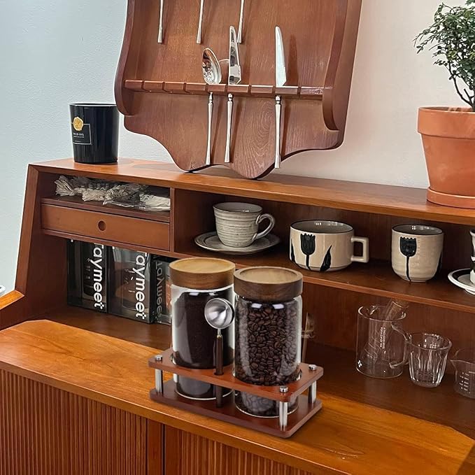 Glass Coffee Grounds Container with Shelf, 2 × 45 oz Glass Coffee Canisters with Airtight Thread Lid, Storage Jars with Stainless Steel Spoon for Coffee Bean, Sugar,Nut