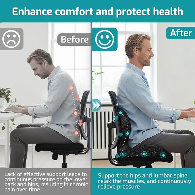 Memory Foam Seat Cushion,Office Chair Cushion with Lumbar Support,L-Shape Ergonomic Cushions with Strap,Non-Slip Sciatica,Hemorrhoids, Tailbone Pain Relief for Office Workers,Driver(Black+Mesh cloth)