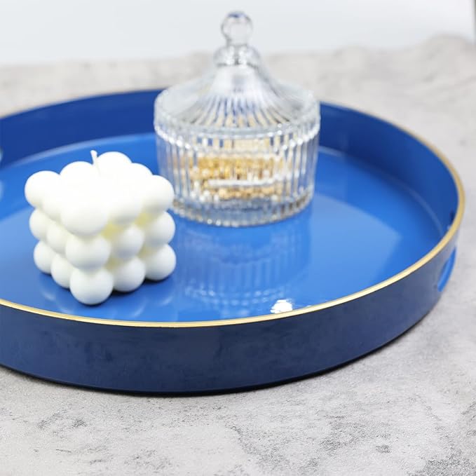 Spsyrine Round Blue Decorative Tray, 13" Plastic Serving Table Tray with Handles for Breakfast, Ottoman, Coffee Table, Bathroom, Kitchen, Living Room