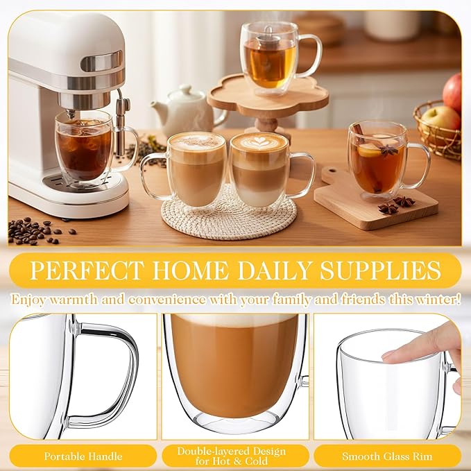 Patelai Pcs 16oz Clear Glass Coffee Mugs Double Walled Coffee Cups Glasses Insulated Latte Mugs with Handle Espresso Clear Cups for Cappuccino Tea, Heat Resistant Borosilicate Glasses for Home Bar