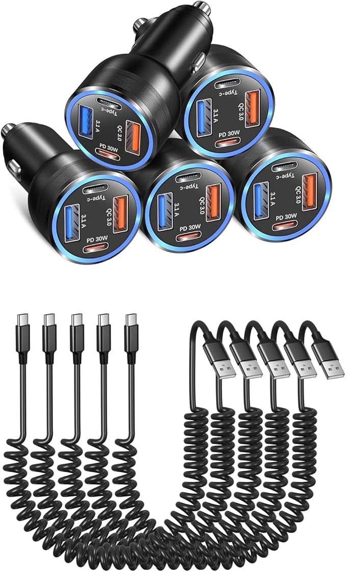 3 Pack 65W Multi Port 12V USB C & USB A Car Charger Adapter with 5 Pack Coiled USB Type C Coiled Cable Compatible for iPhone, Galaxy, Google and Other Android Devices