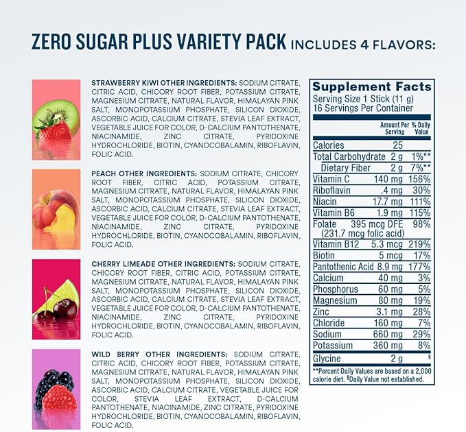 DripDrop Zero Sugar Plus - Sugar Free Hydration Packets - Single Serve Electrolytes Powder Drink Mix - Strawberry Kiwi, Peach, Cherry Limeade, Wild Berry - Non-GMO, Gluten Free, Vegan - 16 Sticks