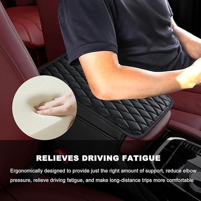 Car Center Console Cover, Waterproof Leather Arm Rest Cushion Pad with 2 Storage Bags, Anti-Scratch Armrest Seat Box Protector Interior Accessories for Most Vehicles (Black)