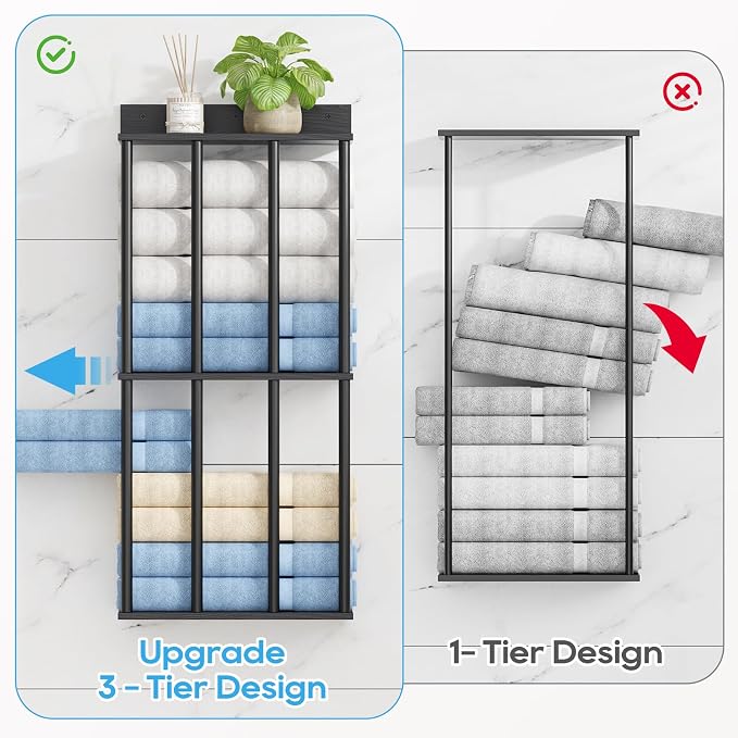 Towel Racks for Bathroom Wall Mounted, Updated 4 Bar Wall Towel Holder | Large Bathroom Towel Storage Rack for Rolled Towels, Modern Metal Towel Organizer Shelf with Wooden Storage Shelf