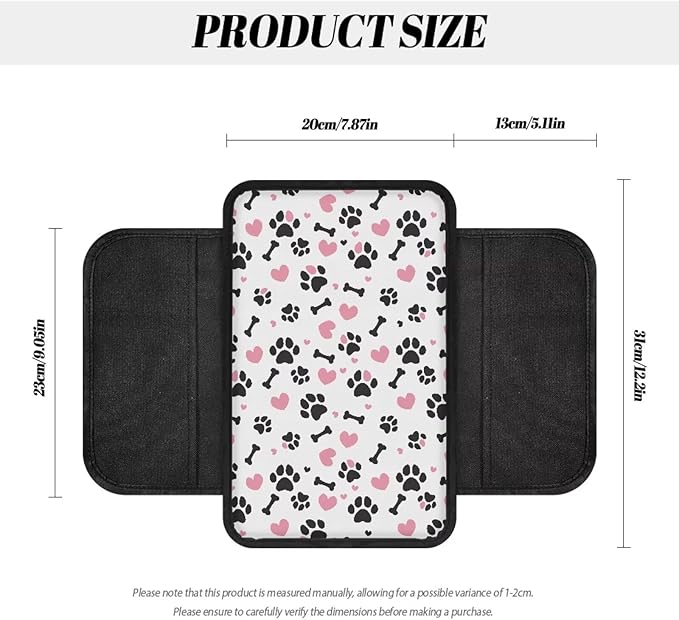 Dreaweet Car Center Console Cover Cute Dog Paw Print Armrest Cover Cushion with 2 Storage Pockets Universal Car Armrest Seat Box Pad Car Interior Accessories Protector for Most Vehicle