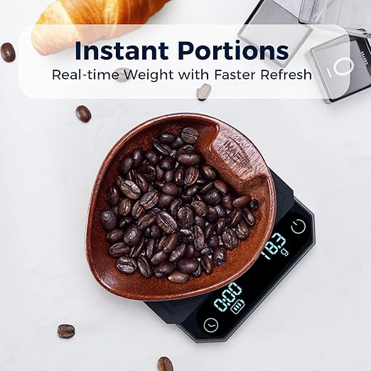 IKAPE Digital Coffee Scale with Timer, 0.1g High Precision Espresso Scale, 2kg Capacity, Waterproof Rechargeable Aluminum Alloy Coffee Scale with Auto Tare & Silicone Pad