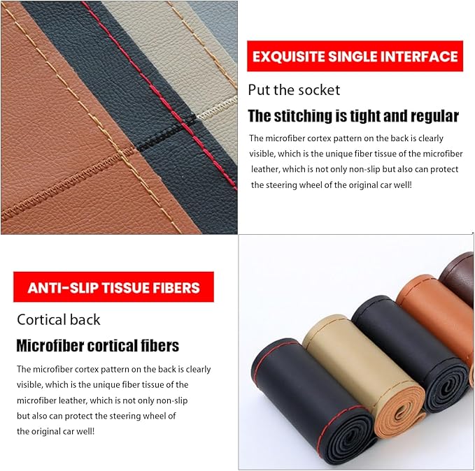 Car Steering Wheel Cover, DIY Sewing Steering Wheel Protector, Breathable Anti-Slip Microfiber Leather Stitch On Wrap, Universal for 14.5-15 Inches Most Cars SUVs and Trucks