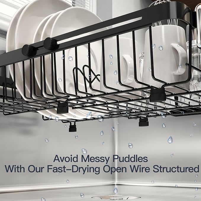MAJALiS Dish Drying Rack Over The Sink with Utensil Holder, Mat | Expandable Stainless Steel Dish Drainer for Small Kitchen, Apartment, RV, Counter Space Saving, Perfect Fit, Rustproof