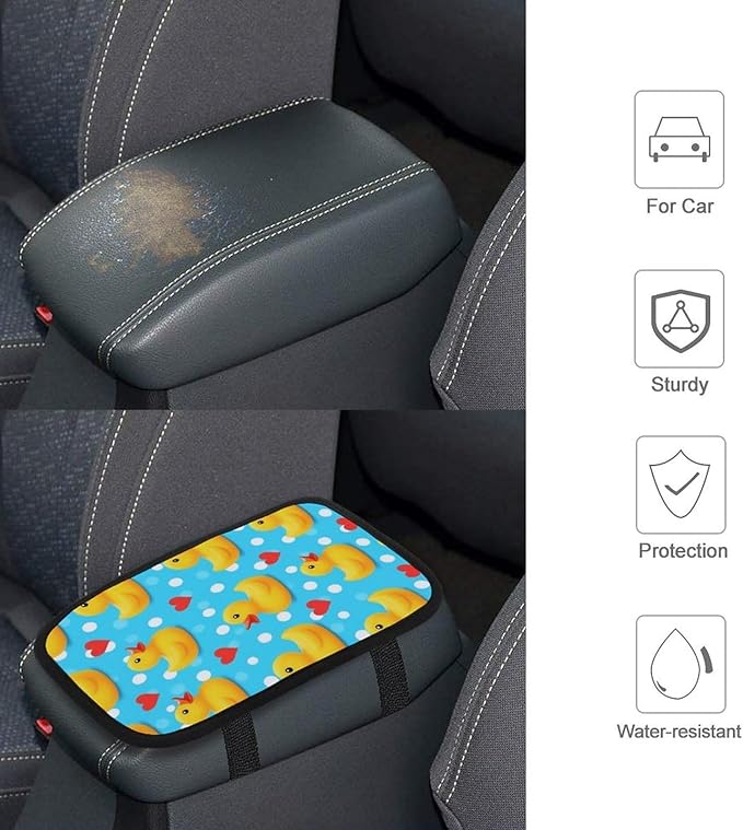 Auto Center Console Armrest Pad Love Heart Polka Dots Blue Yellow Rubber Ducks Car Arm Rest Covers Protector Waterproof Anti-Slip Interior Decor Accessories for Car Truck