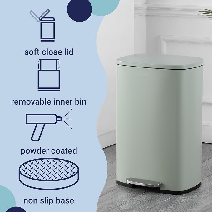 happimess HPM1006E Connor Rectangular 13-Gallon Trash Can with Soft-Close Lid and FREE Mini Trash Can, Fingerprint Resistant, Modern, Minimalistic for Home, Kitchen, Office, Bathroom, Pistachio Gelato