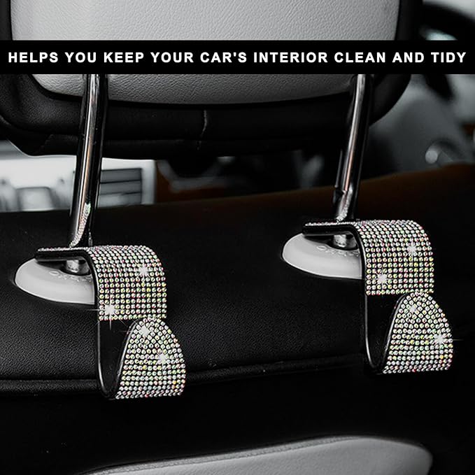 4 PCS Car Seat Headrest Hooks, Bling Crystal Rhinestone Back Seat Hanger Storage Organizer, Sparkly Seatback Holder Hooks for Purse and Bags Universal For Most Vehicles (Colorful)