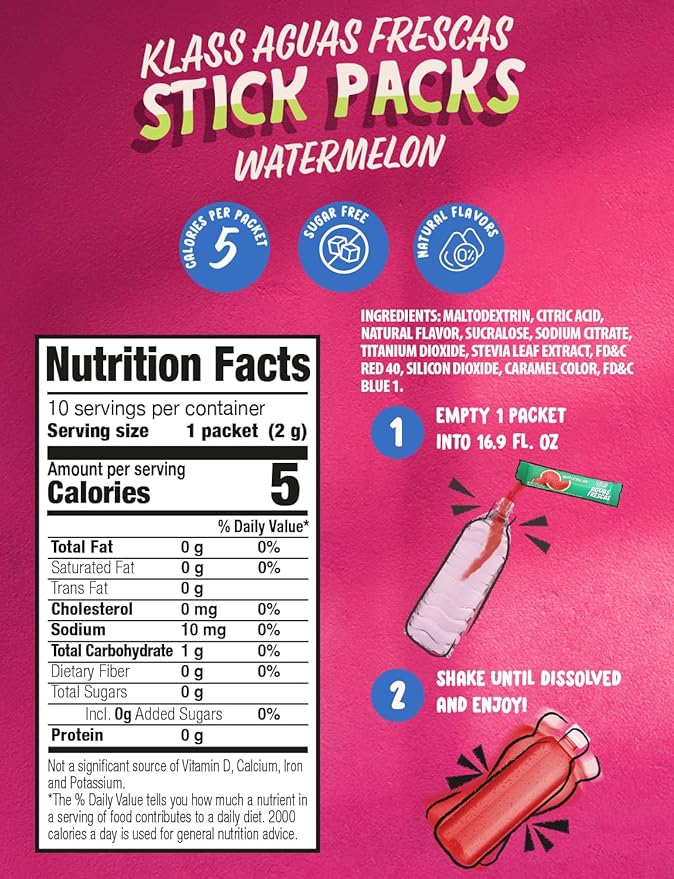 Klass Aguas Frescas, Powdered Drink Mix, 40 Singles Zero Sugar & Caffeine-Free Powder Packets, Water Drink Mix, Flavor: Watermelon - 5 Calories Per Packet & Natural Flavors