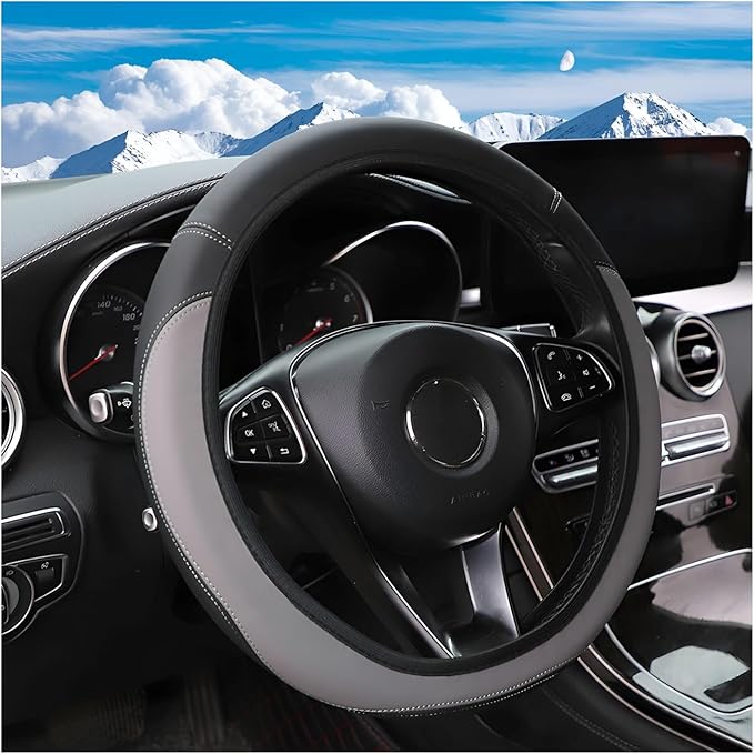 Car Steering Wheel Cover, Leather Elastic No Inner Ring Vehicle Steering Wheel Protector for 14.5-15Inch, Anti Slip Auto Interior Protection Accessories, Universal for SUV Sedan Truck (Gray)