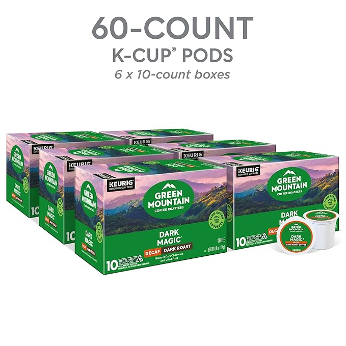 Green Mountain Coffee Dark Magic Decaf, Keurig Single Serve K-Cup Pods, Dark Roast Coffee, 60 Count, (6 Packs of 10)