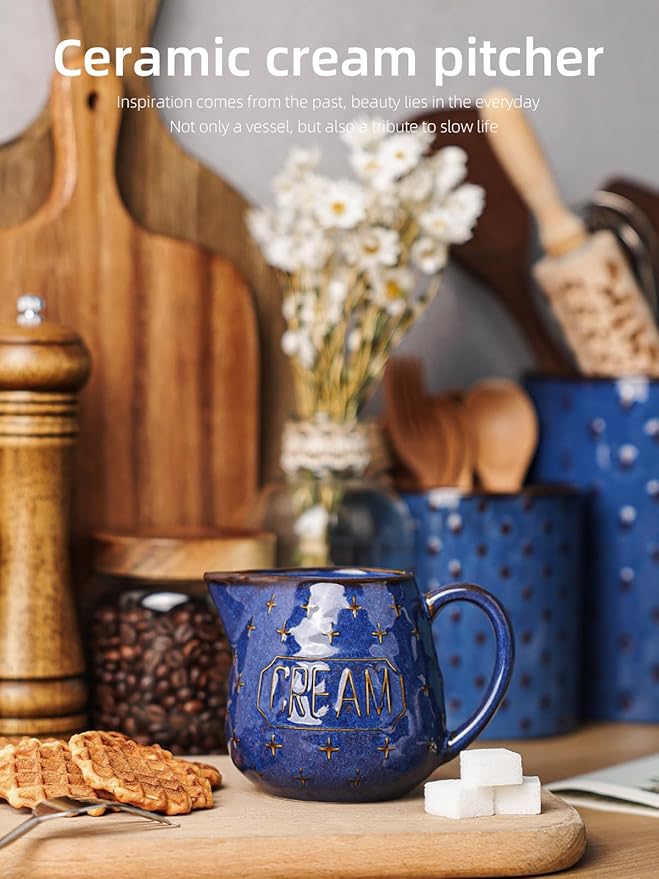 Creamer Pitcher,10 OZ Ceramic Creamer Pitcher with Handle for Milk, Sauces, Salad, Coffee, Farmhouse Kitchen Decor, Microwave & Freezer Safe (Vintage Blue)