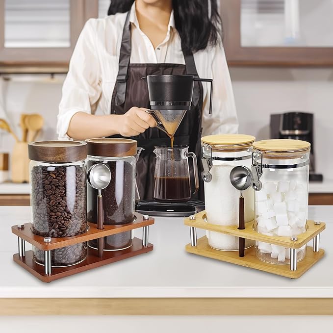 Glass Coffee Grounds Container with Shelf, 2 × 45 oz Glass Coffee Canisters with Airtight Thread Lid, Storage Jars with Stainless Steel Spoon for Coffee Bean, Sugar,Nut