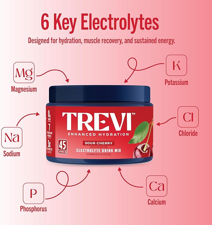 TREVI™ Sugar Free Electrolytes - Everyday Hydration Drink Mix Hydration Powder Multi Serving Tub - 45 Serving - Sour Cherry