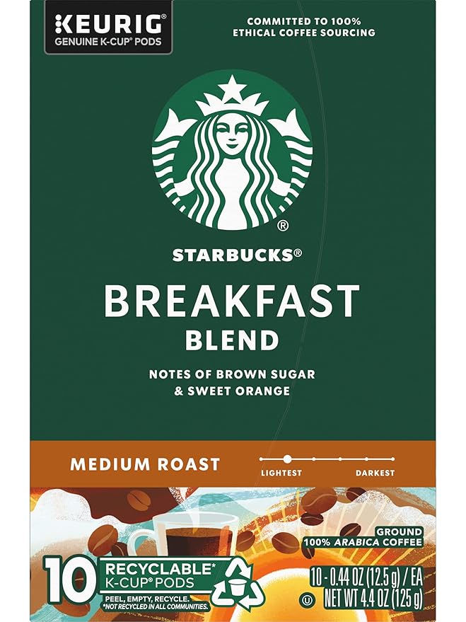Starbucks Coffee K-Cup Pods, Breakfast Blend Medium Roast, Ground Coffee K-Cup Pods for Keurig Brewing System, 10 CT K-Cup Pods Per Box (Pack of 2 Boxes)