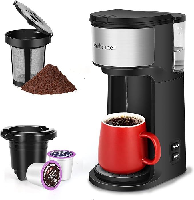 K Cup Coffee Maker, Single Serve coffee machine or Ground Coffee Machine 2 in 1, 6 to 14 Oz Brew Sizes, Mini One Cup Coffee Maker with Self cleaning Function, Fits Travel Mug Black
