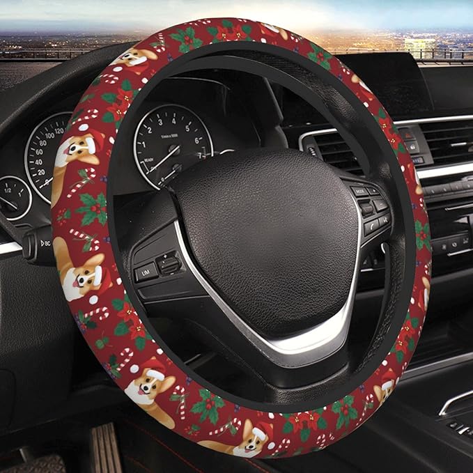 Neoprene Steering Wheel Cover Christmas Corgi Car Steering Wheel Cover Universal Fit for Most Cars