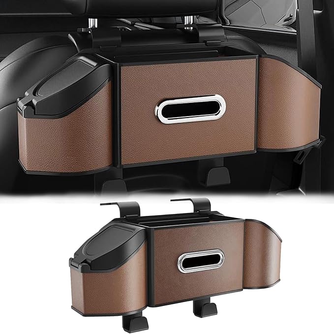 Car Organizer Back Seat, 4-In-1 Car Back Seat Organizer with Drink Cup Holder Tissue Box Trash Can Phone Holder, Adjustable Headrest Storage Organizers with Hooks Automotive Seat Storage Box