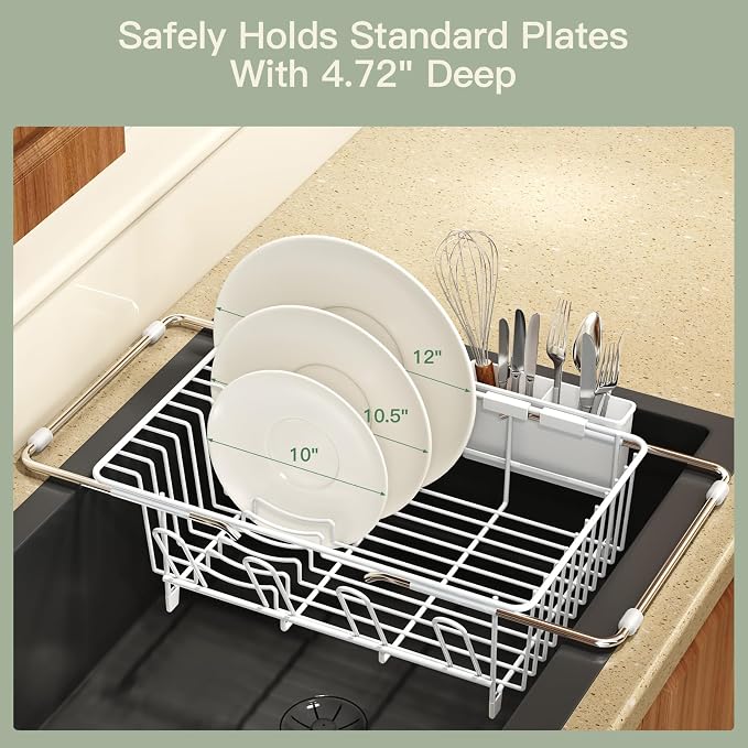 MAJALiS White Dish Drying Rack Over The Sink with Utensil Holder, Mat | Expandable Stainless Steel Dish Drainer for Small Kitchen, Apartment, RV, Counter Space Saving, Perfect Fit, Rustproof