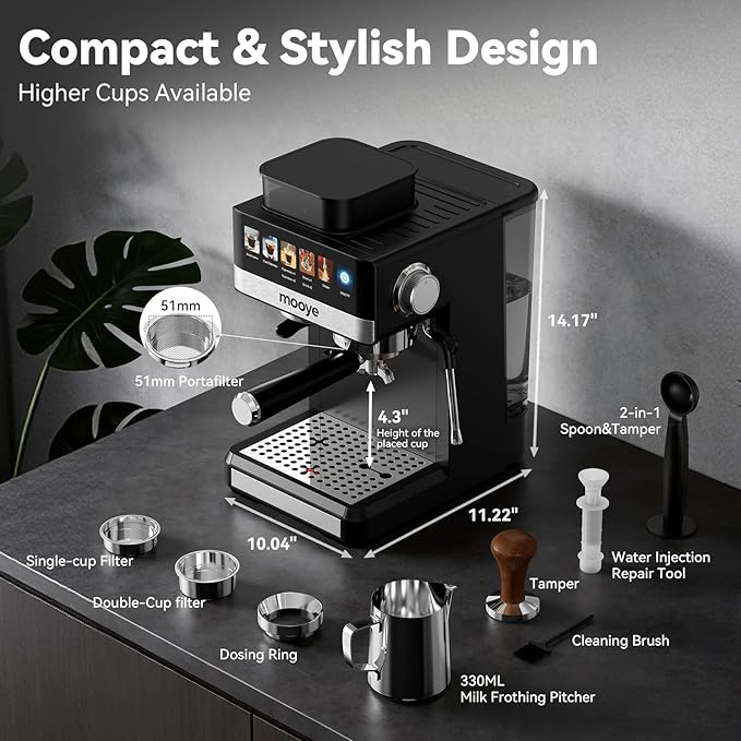Espresso Machine with Grinder,20Bar Compact Espresso Maker with Steam Milk Frother,Coffee Maker for Home - Cappuccino Latte & Cold Brew Iced Coffee Maker & Americano, Gift for Women or Men