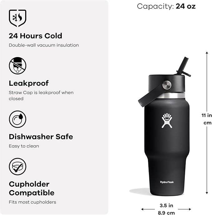Hydro Flask Travel Water Bottle - Insulated Stainless Steel - Wide Straw Lid, Non Spill, Leakproof in 24 Oz Nectar Orange