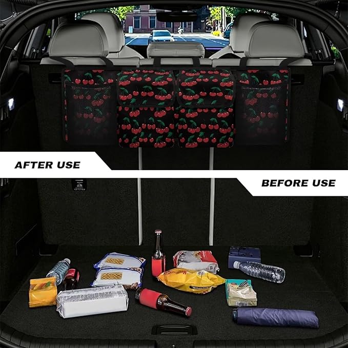 Cherry Car Trunk Organizer, Large Capacity Backseat Trunk Organizer with 4 Pocket, Backseat Hanging Car Storage Organizer Foldable Cargo Storage with Adjustable Straps Universal