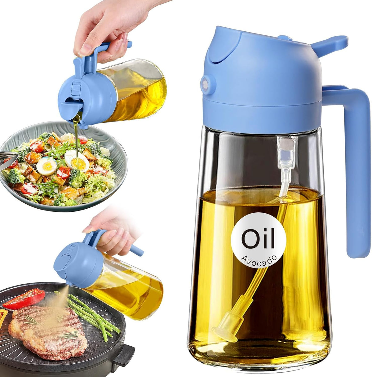 YARRAMATE 16oz/470ml Glass Olive Oil Sprayer for Cooking with Stickers, 2 in 1 Oil Dispenser for Kitchen Gadgets, Food Grade Premium Spray Bottle with Portion Control for Salad, Frying, BBQ (Black)