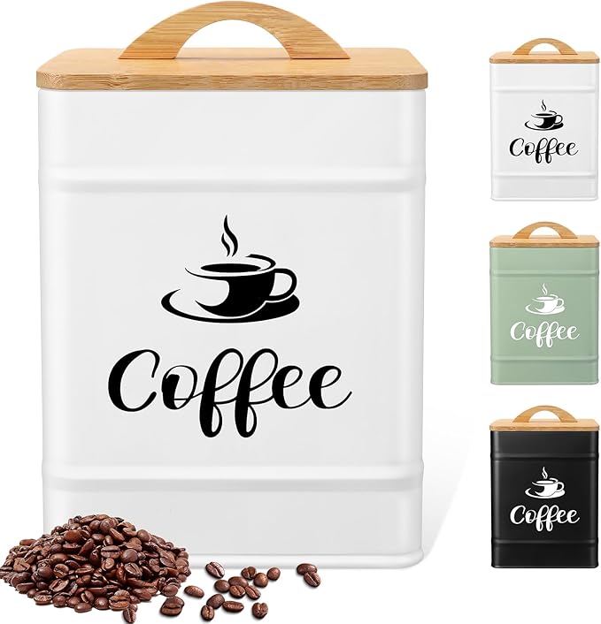 Maxdot 40 oz Coffee Container White Airtight Coffee Canister Large Iron Farmhouse Container with Wooden Bamboo Lid Tea Storage Canisters for Kitchen Countertop Grounds Beans Pods Housewarming Gifts